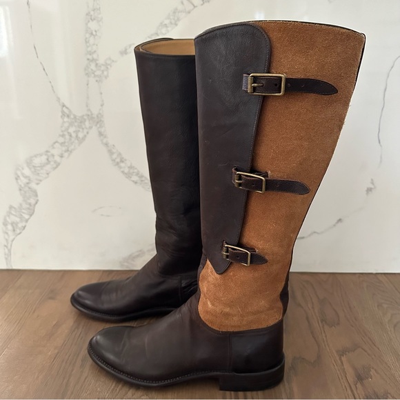 Kemosabe + Lucchese Tall Buckle Leather Equestrian Riding Boot Brown & Tan 9M - Picture 2 of 8